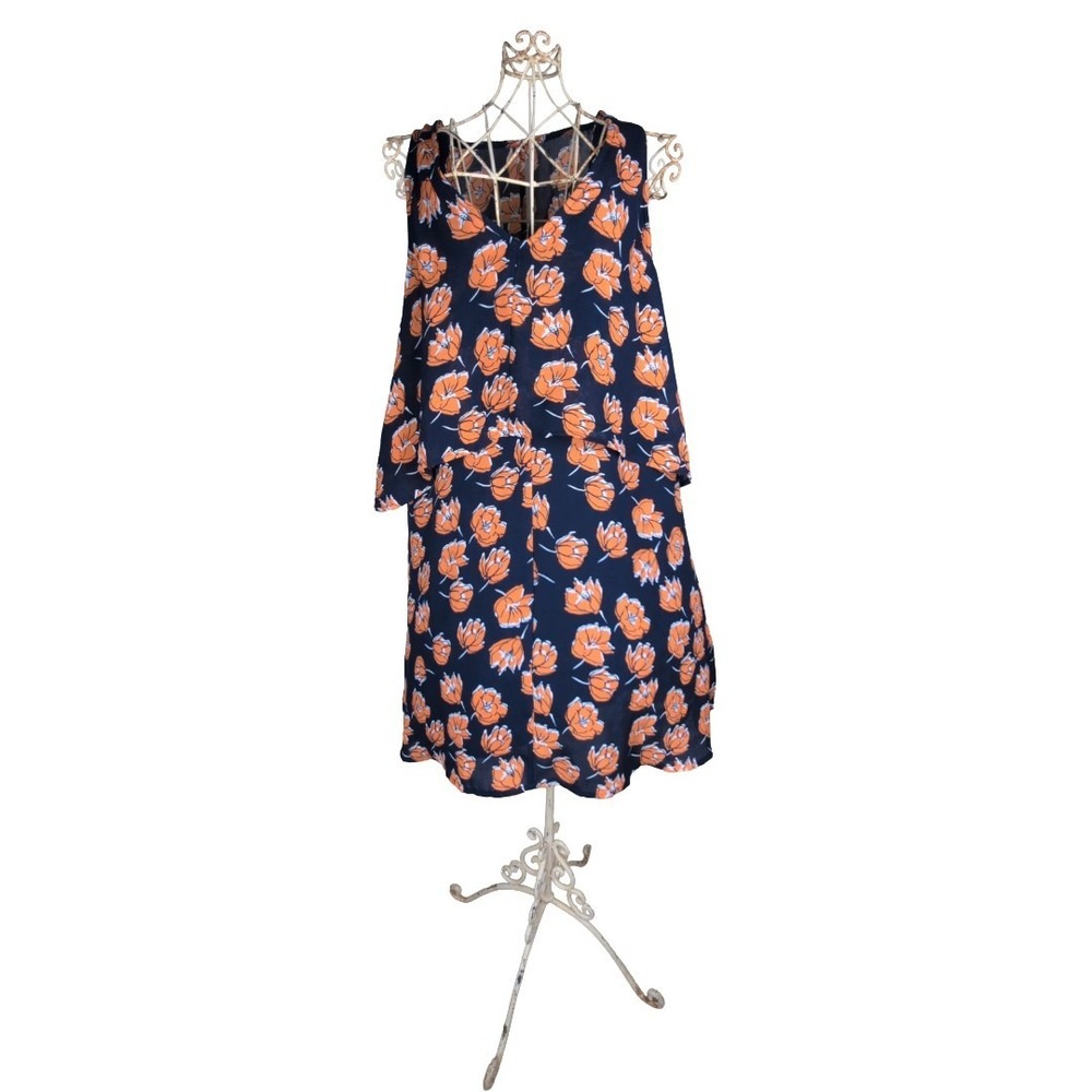 Entro Navy Shift Dress Orange Poppies Chiffon Chest Overlay Lined Size Large